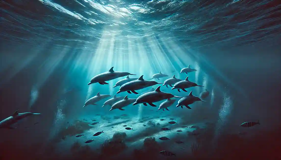 DALL·E 2024 11 01 13.57.09 A realistic underwater scene of a group of dolphins swimming together in the open ocean. The water is deep blue with beams of sunlight filtering down