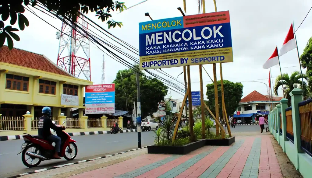 DALL·E 2024 10 14 21.25.54 Papan iklan mencolok dan menarik yang dipasang di sisi gedung tinggi terlihat oleh pejalan kaki dan lalu lintas di bawah. Papan iklan ini menampilkan 1